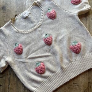 Strawberry Embroidered Cropped Short Sleeve Knit Top Cream & Pink by Luna Ivy